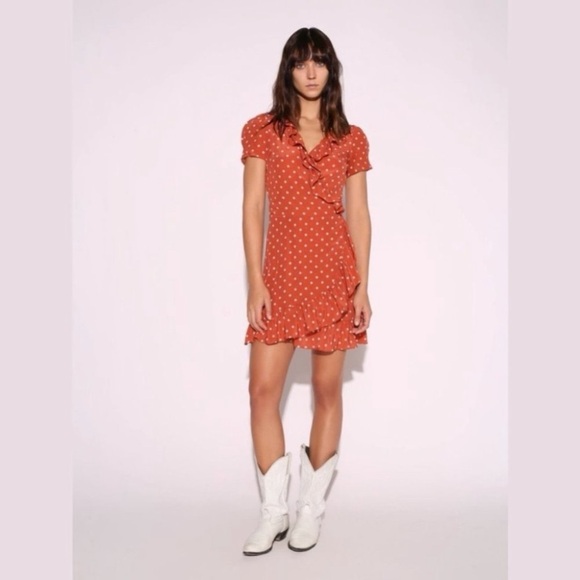 Réalisation Par Valentina Ruffle Mini Dress - Rust Polka Dot Size Small - Picture 2 of 9